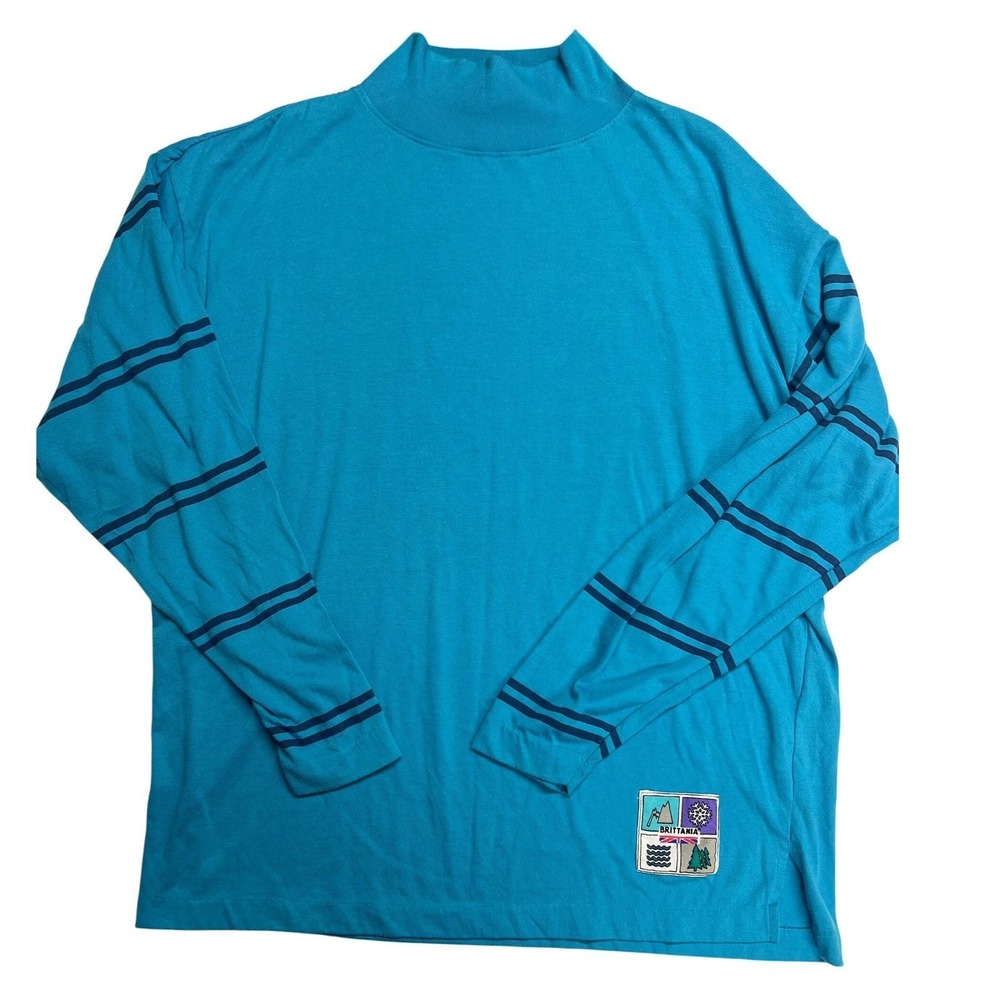 Brittania Teal Mock Neck Long Sleeve Shirt Top Mountains Snow Trees Patch Size L
